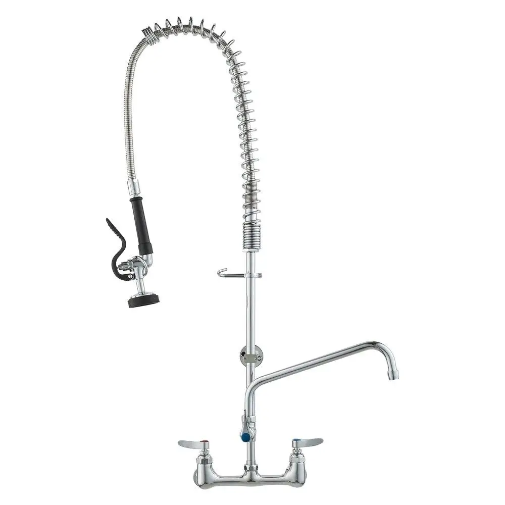 Commercial Faucet With Pull Down Spray 36 Height 8 Center for 1 2 Swing Spout Wall Mount Brass Constructed For 1 2 3 Compartment