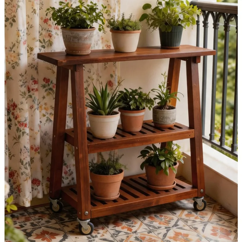Outdoor balcony wall solid wood multi-layer flower stand living room floor-to-ceiling courtyard movable succulent flower pot she