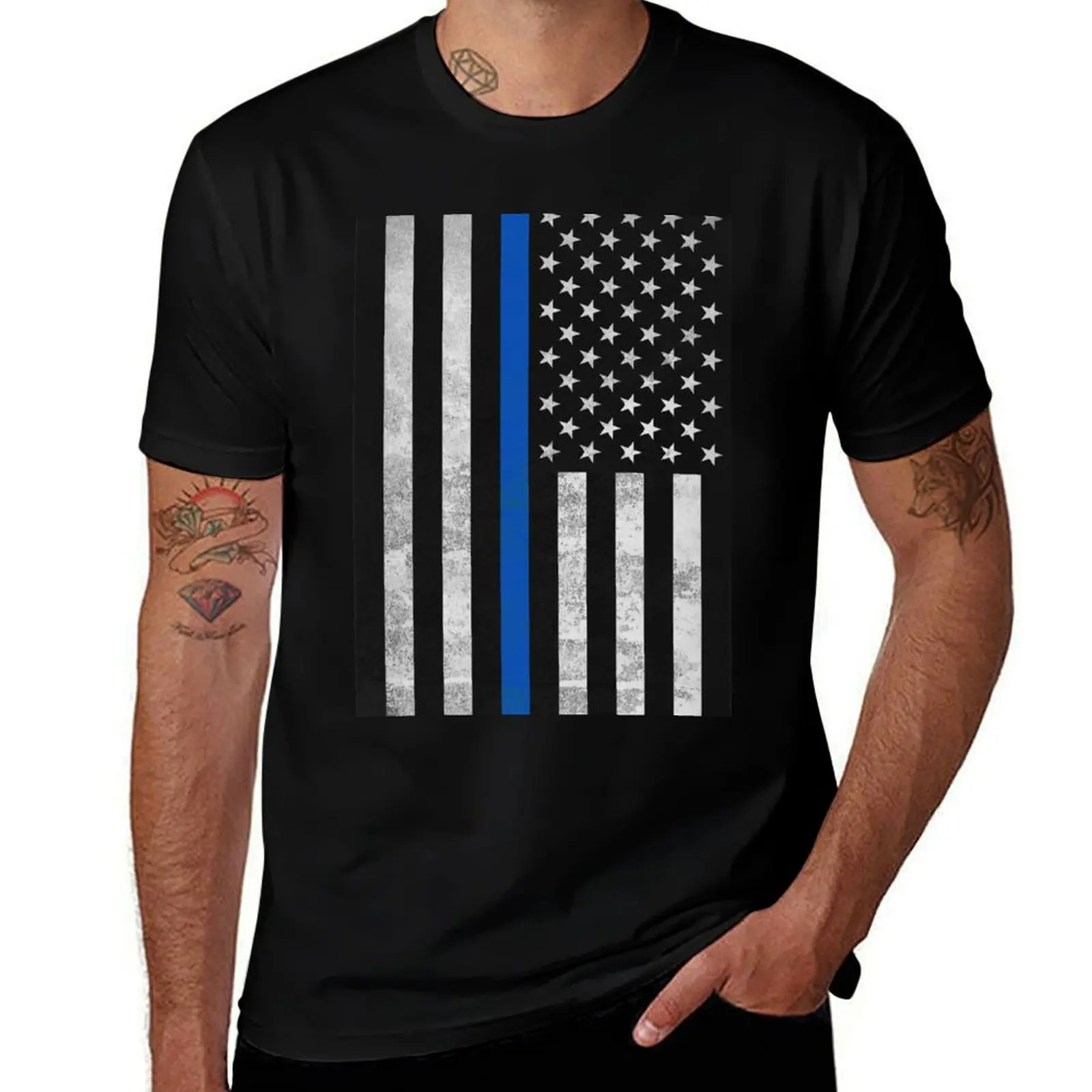 Black American flag with blue stripe- tribute to a local police officer who was shot and killed T-Shirt
