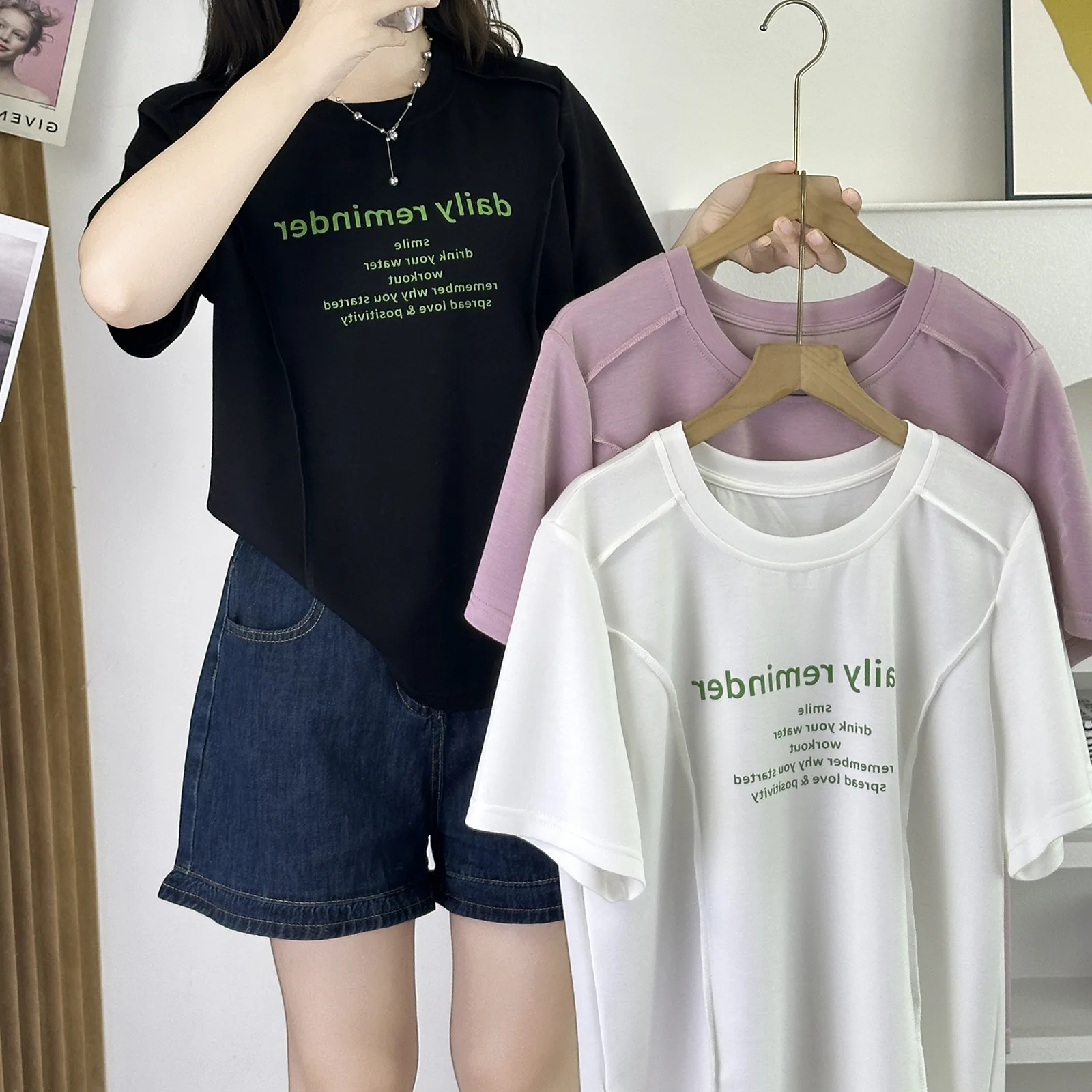 Летний женский топ 100 кг, новый стиль, трехмерный крой, футболки с короткими рукавами и принтом «маленькие буквы», футболка больших размеров