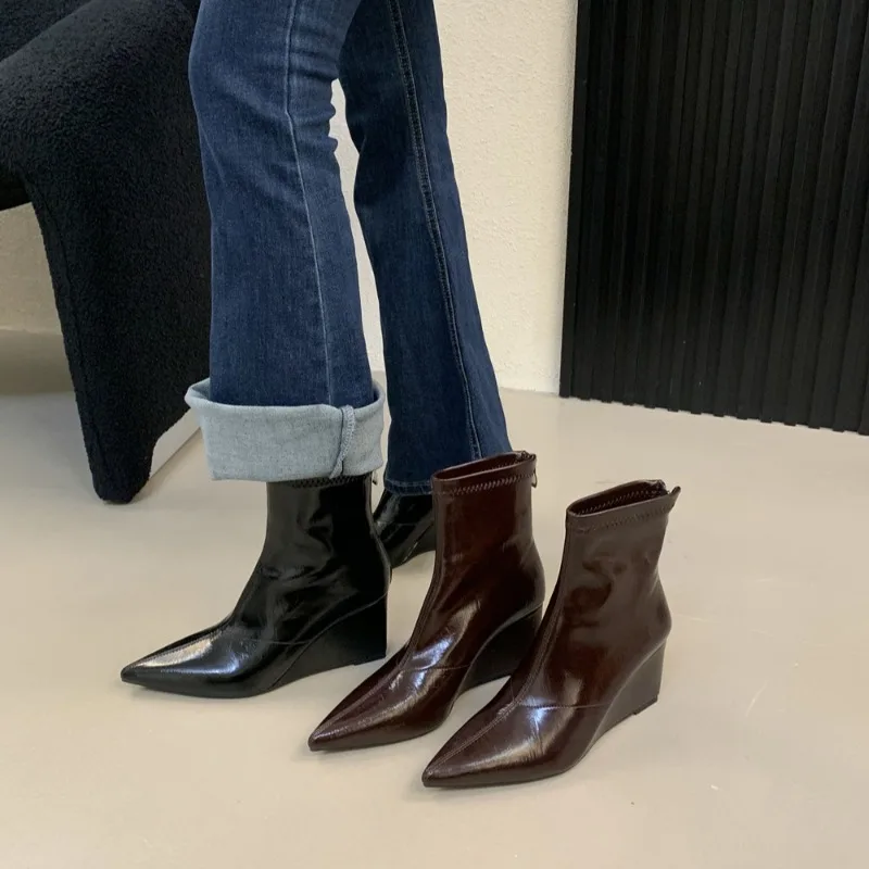 Womens Shoes Pointed Toe Wedge Ankle Boots Patent Leather Back Zipper Short Booties Fashion High Heel Shoes for Party Daily Wear