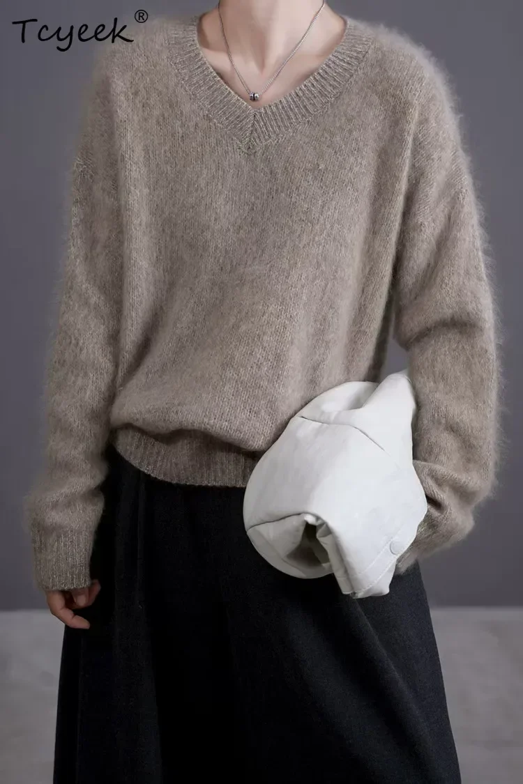 American Retro Women's Pullover Sweater Autumn Winter 100% Merino Wool Sweater Brushed Clothes V-Neck Korean Flower Gauze Knit