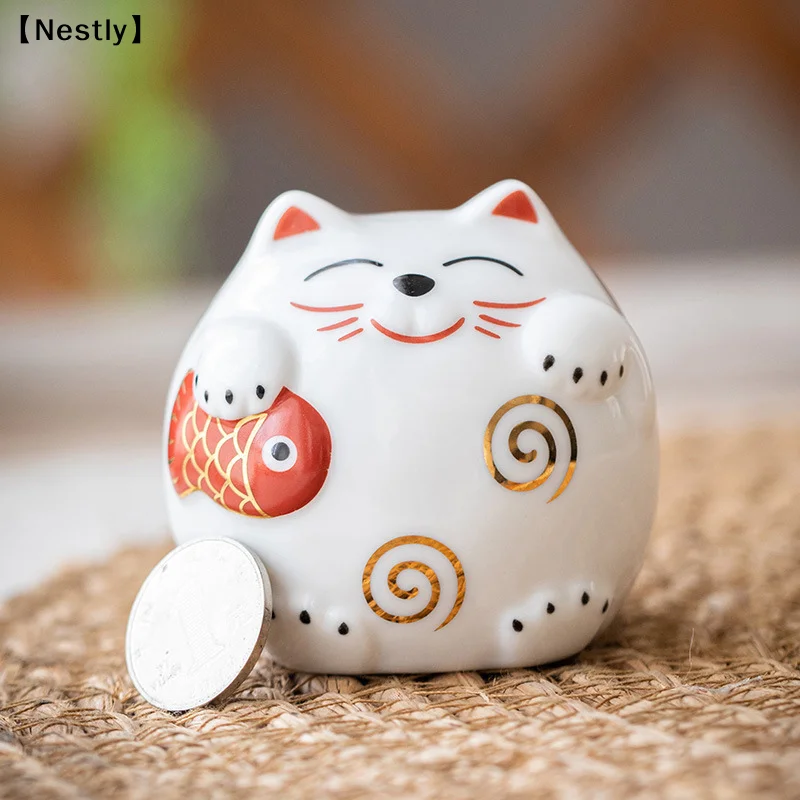 Ceramic Lucky Cat Piggy Bank Saving Coin Box Save Money Box Fortune Cat Ornament Statue Figurine Feng Shui Craft  Decor〔Nest〕
