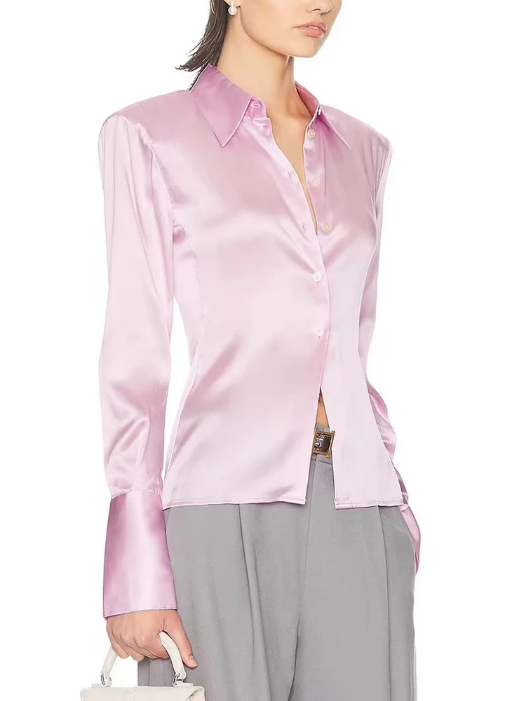 

Elsahosk Pink Satin Long Sleeve Shirt with Drape Collar Women's Slim Fit Commute Style Polyester Fiber Soft Silk Shirt