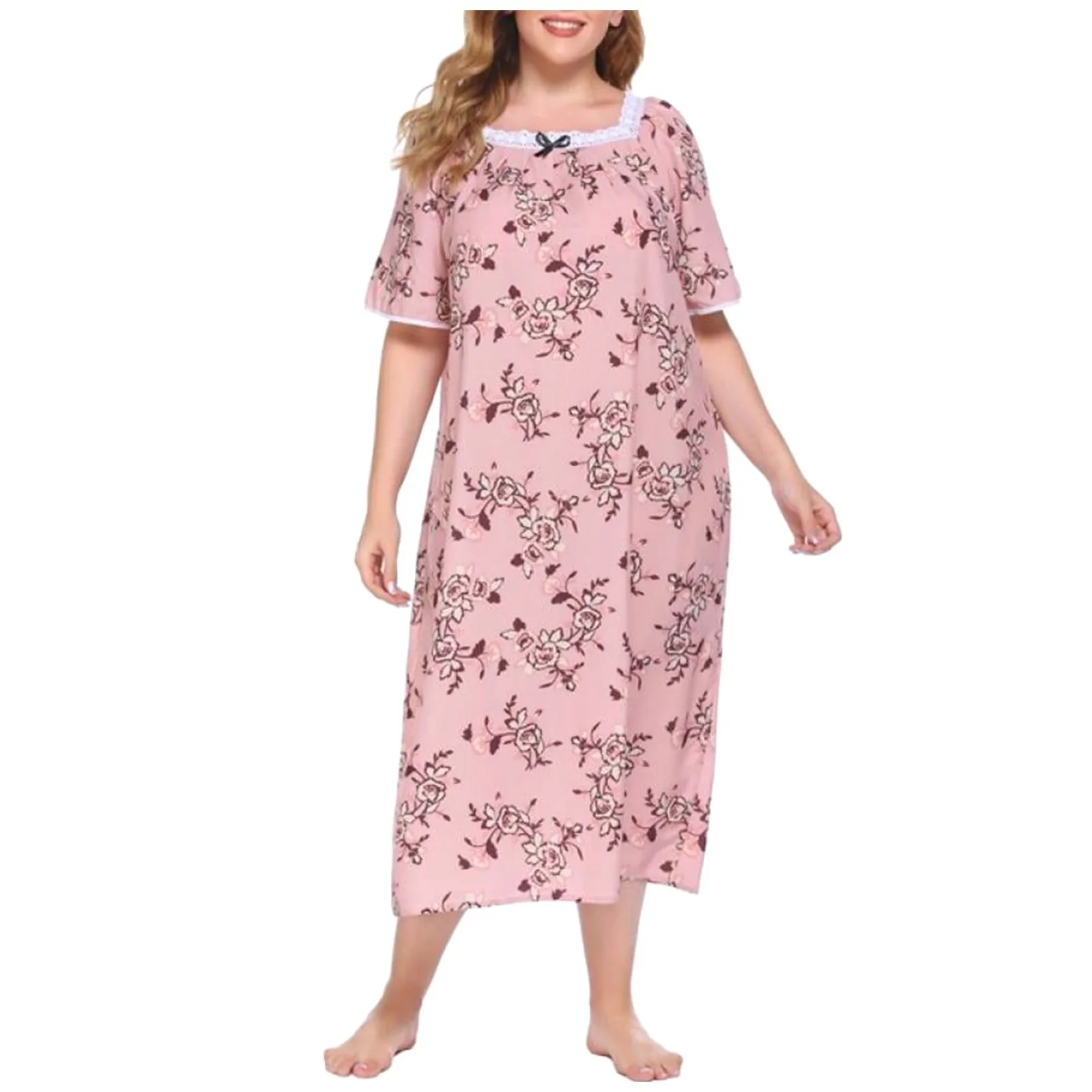 Pigiama lungo da notte da donna Plus Size manica corta in pizzo Patchwork con scollo a U abito da notte con stampa dolce abbigliamento da casa femminile