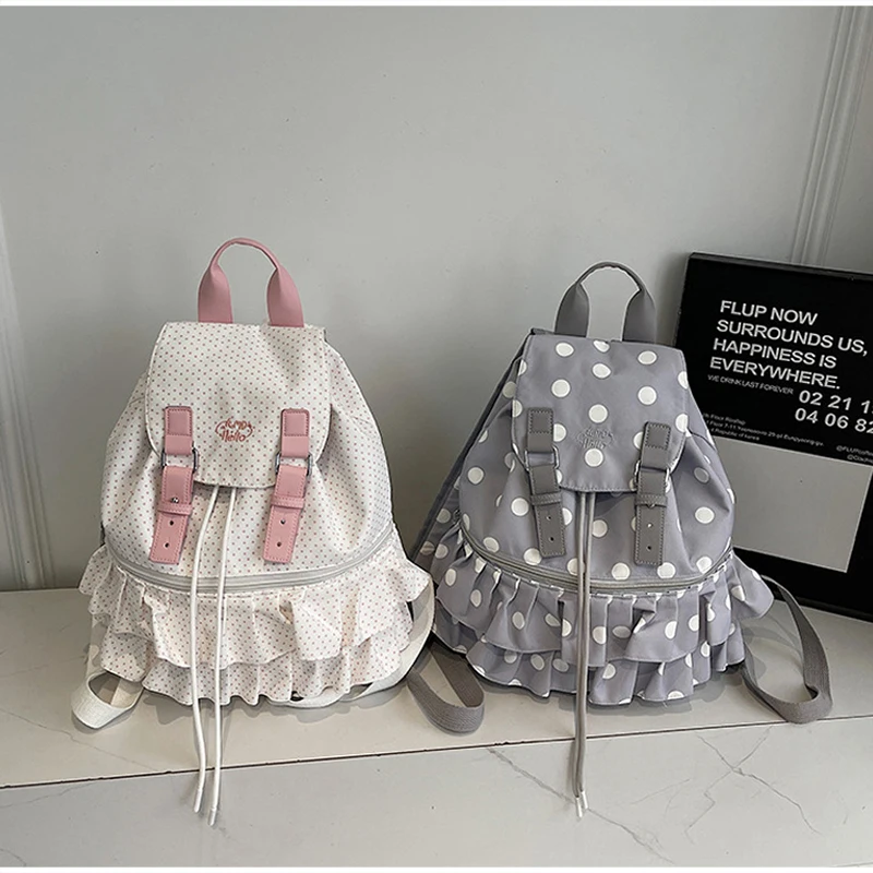 Korean Style Polka Dot Backpack Large Capacity School Bag Cute Sweet Girl Travel Daypack Casual Ruffle Flap Laptop Satchel