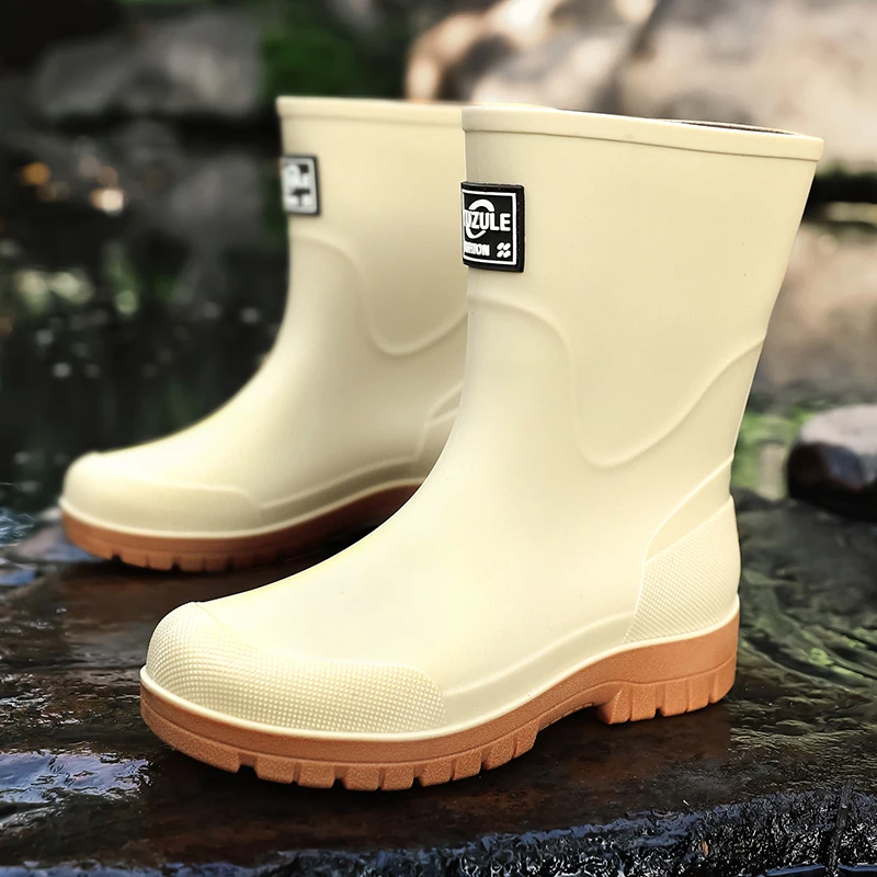 Men's Fashionable Mid-Calf Rain Boots, Simple and Casual, Color-Blocking, Thick-Soled, Waterproof, Non-Slip, Suitable for Commuting and Fishing