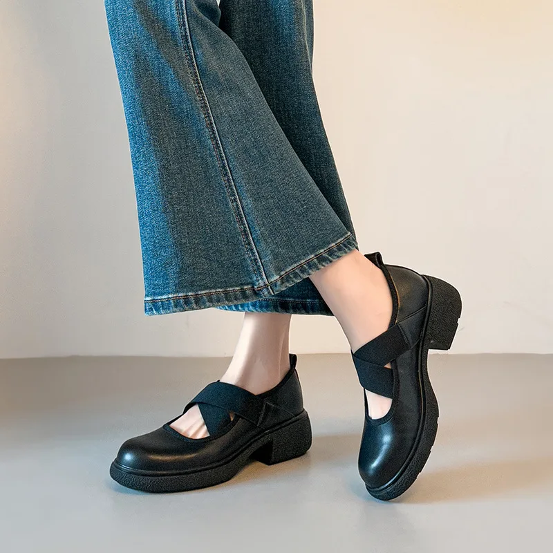 Genuine leather vintage cross-strap shoes, women's casual sporty style, thick-soled chunky-heeled shallow flats