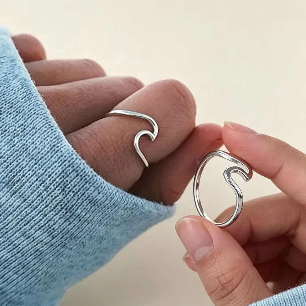 Women Stainless Steel Wave Ring Fashion Minimalist Statement Daily Beach Party Finger Jewelry