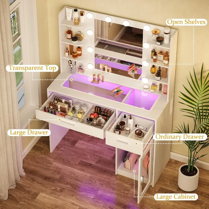 Dresser with Mirror and Lamp, Dresser with Lamp 3 Colors, Clear Top Dresser 2 RGB Drawers, 6 Shelves, Large Tempered Cabinet