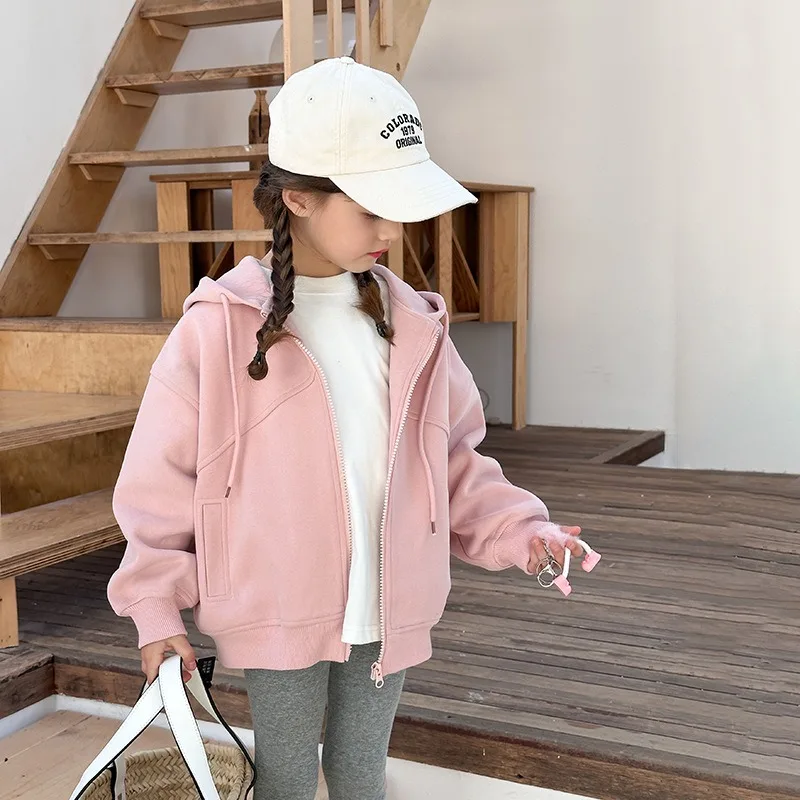 Solid Zip Up Hoodie Jacket Casual Long Sleeve Hooded Sweatshirt Coat For Boys And Girls