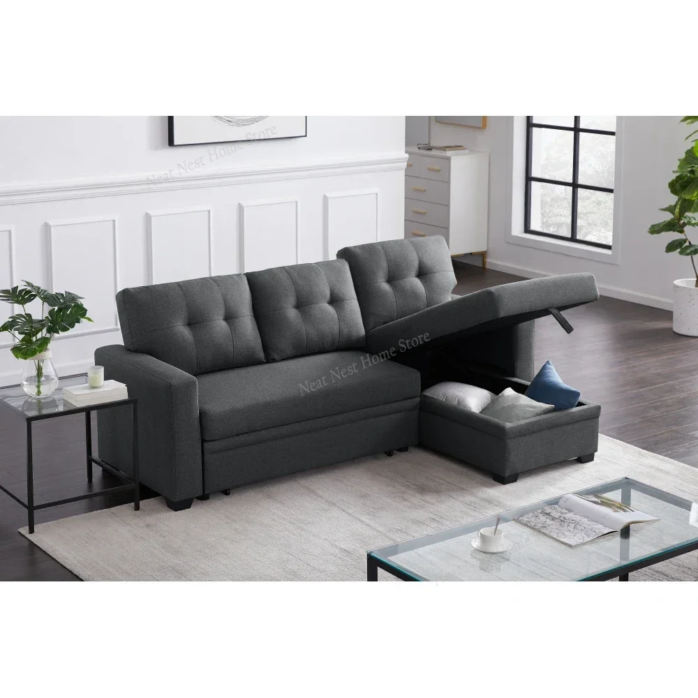 

Reversible Sectional Sofa Couch with Storage Chaise，Hidden Stroge，Removable Backrest，Linen Fabric, Pull Out Couch Bed