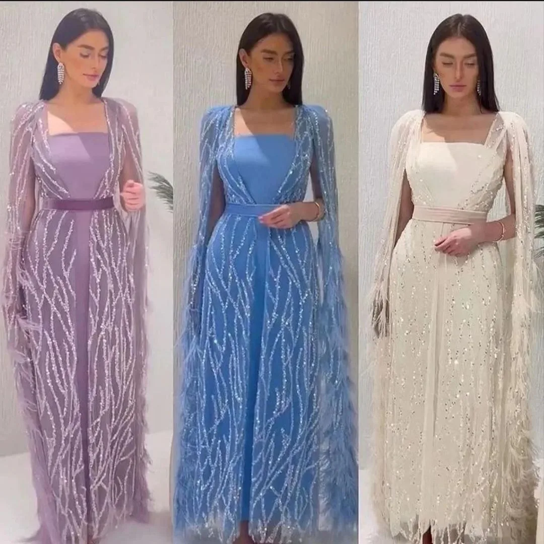 2024 New Luxury Feathers Evening Dresses with Cape Sleeves Arabic Women Wedding Party Gowns Formal Prom Dresses