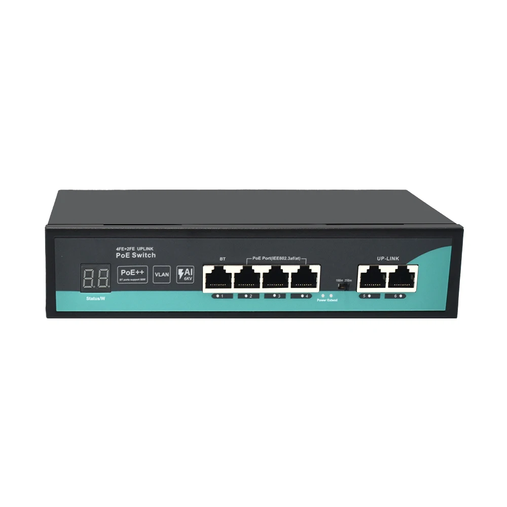 PoE Switch with Digital Tube Display for Security CCTV Camera, AI PoE Switch, 4 Port PoE, 2x100m, OEM, 6 Port