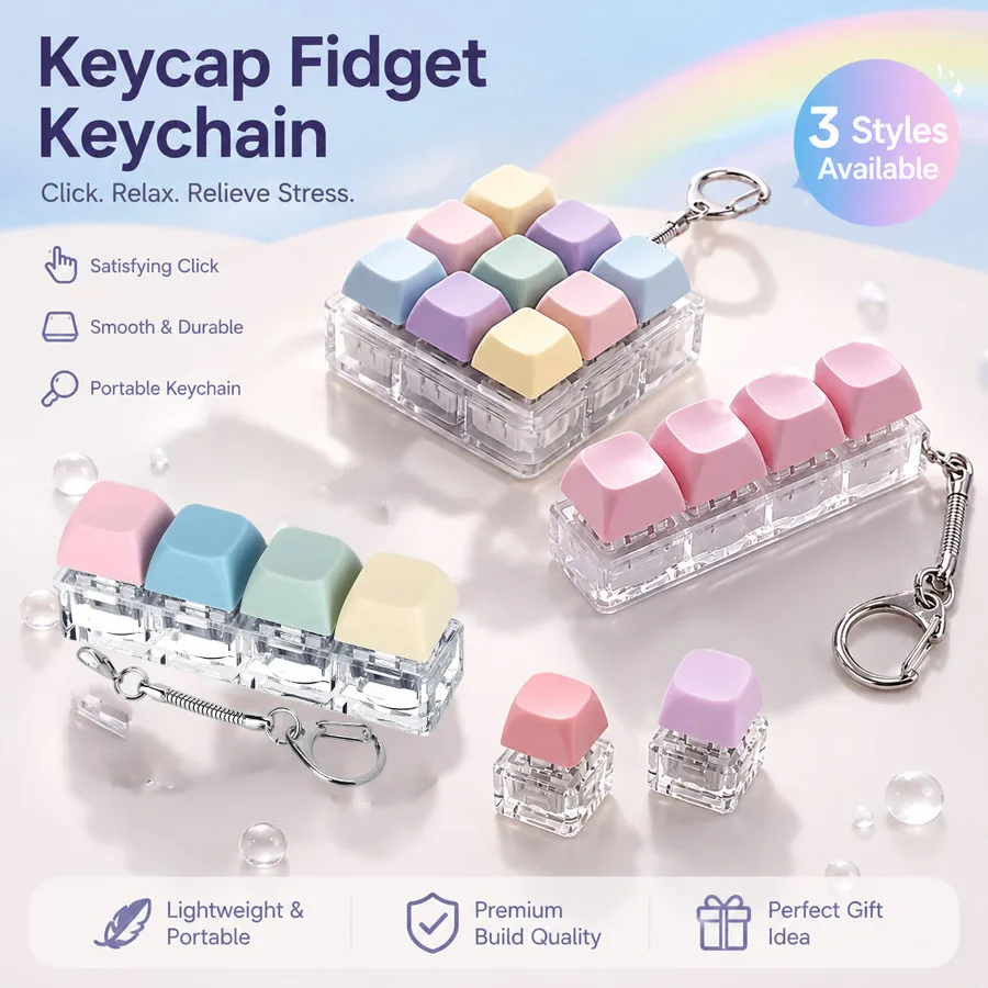 9/3 Buttons Fidget Keyboard Keychain, Clicker Stress Relief Toy, Anti-Anxiety Portable Accessory, Best Holiday Gift Random Color