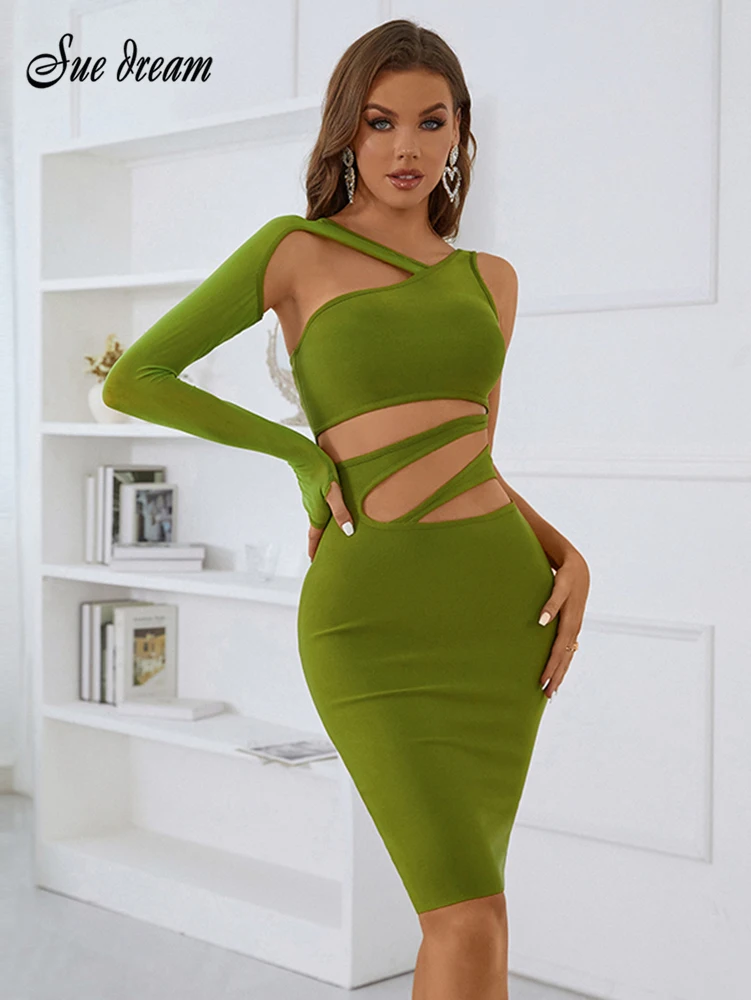 Sexy Hollow Out One Shoulder Long Sleeve Bandage Dress Women 2022 Autumn Fashion Streetwear Outfits Mesh Club Party Dresses