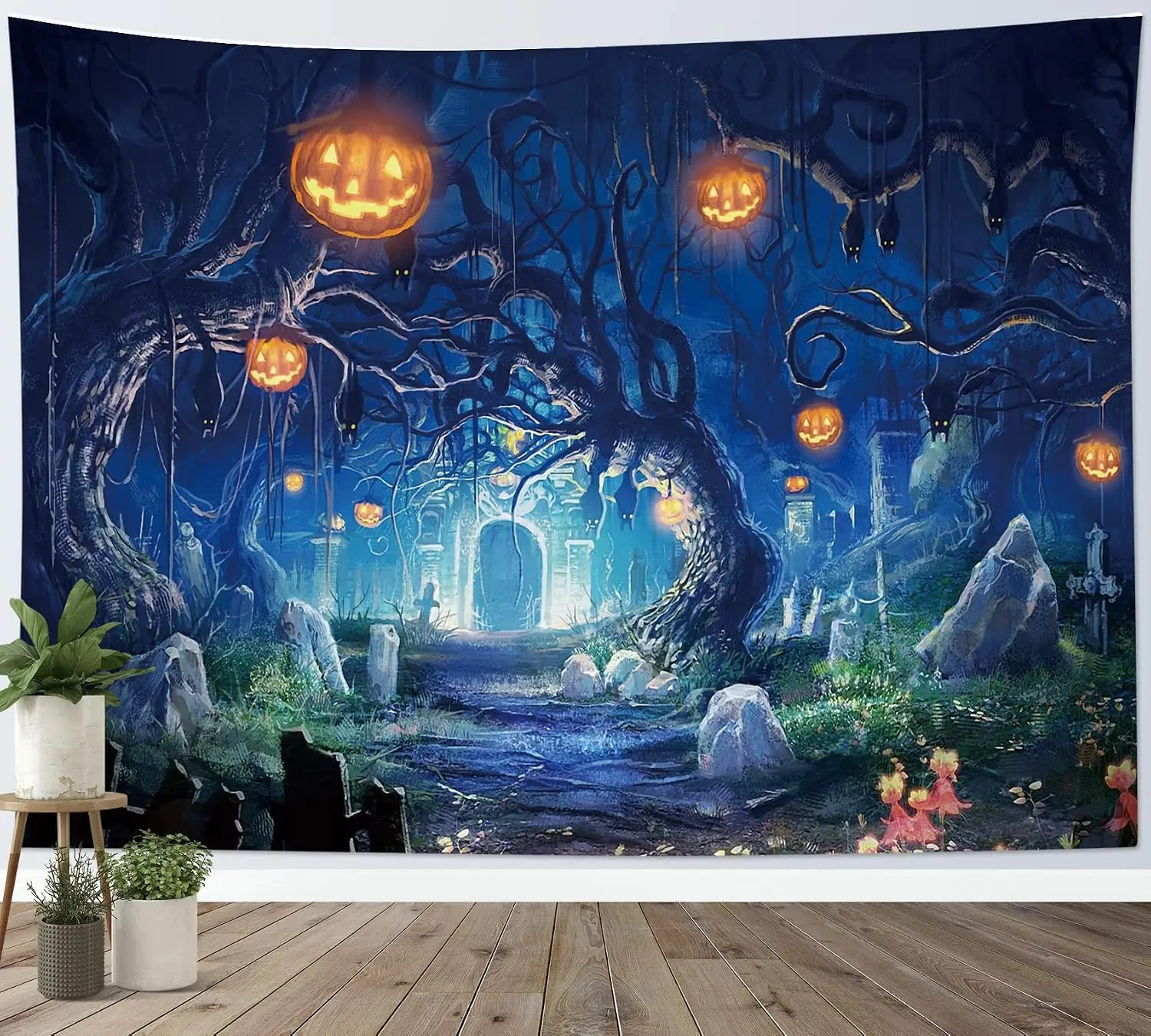 Dark Halloween Woods Tapestry, Glowing Pumpkin Lantern Tombstone Wall Hanging, Mysterious Night Scene Background Cloth Decor