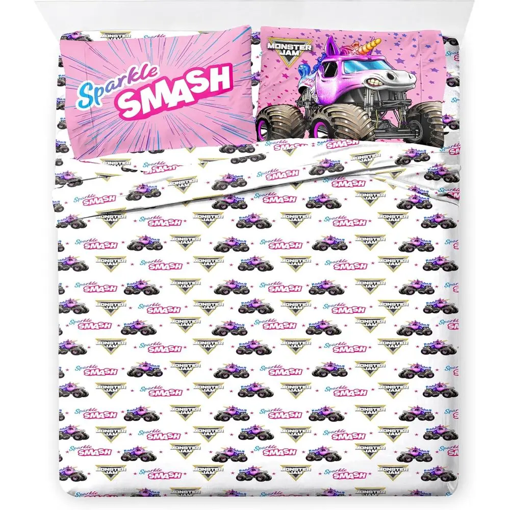 モンスタージャム ピンク 7点クイーン寝具セット シーツと枕カバー付きで快適でスタイリッシュな睡眠を実現