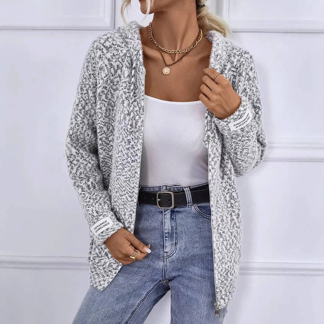 Women Knitted Cardigan Sweaters Spliced Jumpers Zipper Drawstring Hooded Long Sleeves Loose Fit Casual Office 2026 Autumn Winter