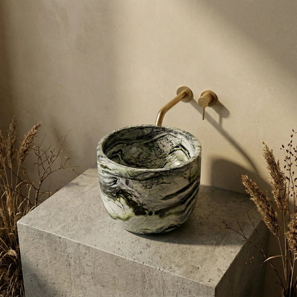 #P Aquarius High-Grade Marble Cloud Green Modern Half High Round Top Mount Wash Basin Bowl for Villa Hotel Bathroom