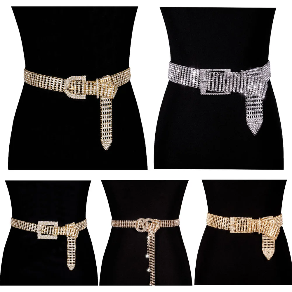 

Gold Silvery Luxury Shiny Women's Rhinestones Belt Bright Bride Bling Crystal Diamond Belts Wedding Party Chain Waistband Hi-Tie