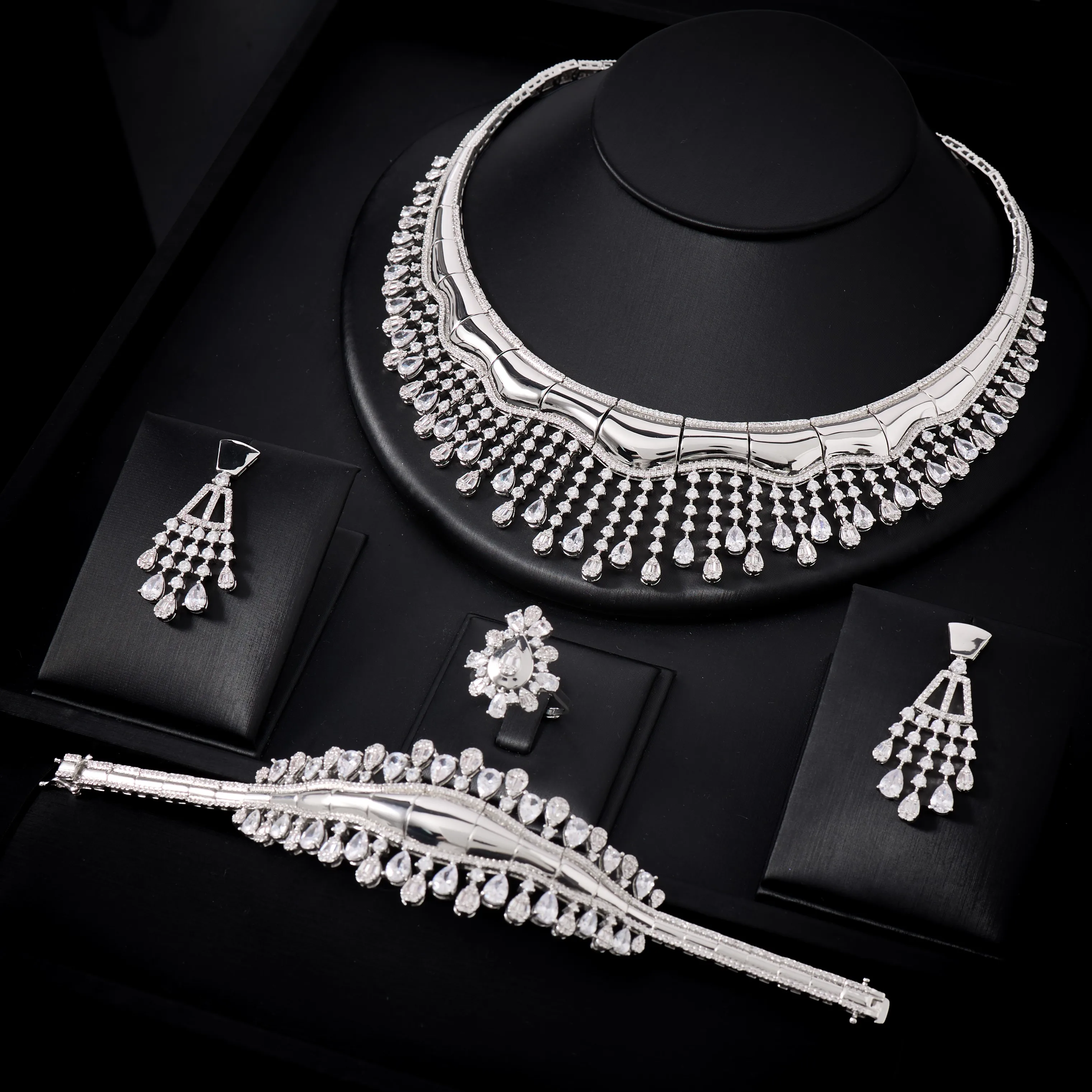 IN JEWELIFE Elegant Bridal Jewelry Set Women  Cubic Zirconia Tassel Necklace Earrings Bracelet Ring Wedding Party Evening Dress