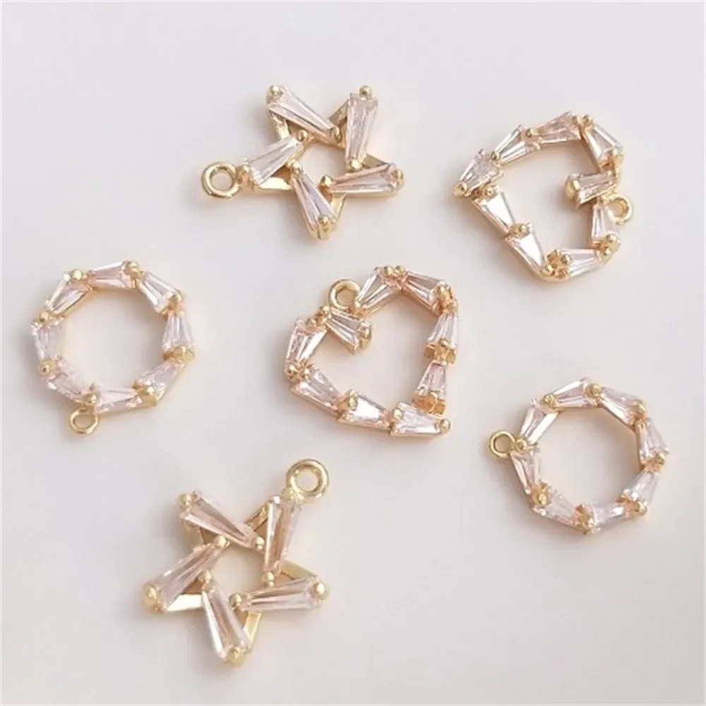 14K Gold Wrapped T-shaped Zircon Pentagonal Star Peach Heart Pendant Circular Pendant DIY Bracelet Earrings Necklace Pendant