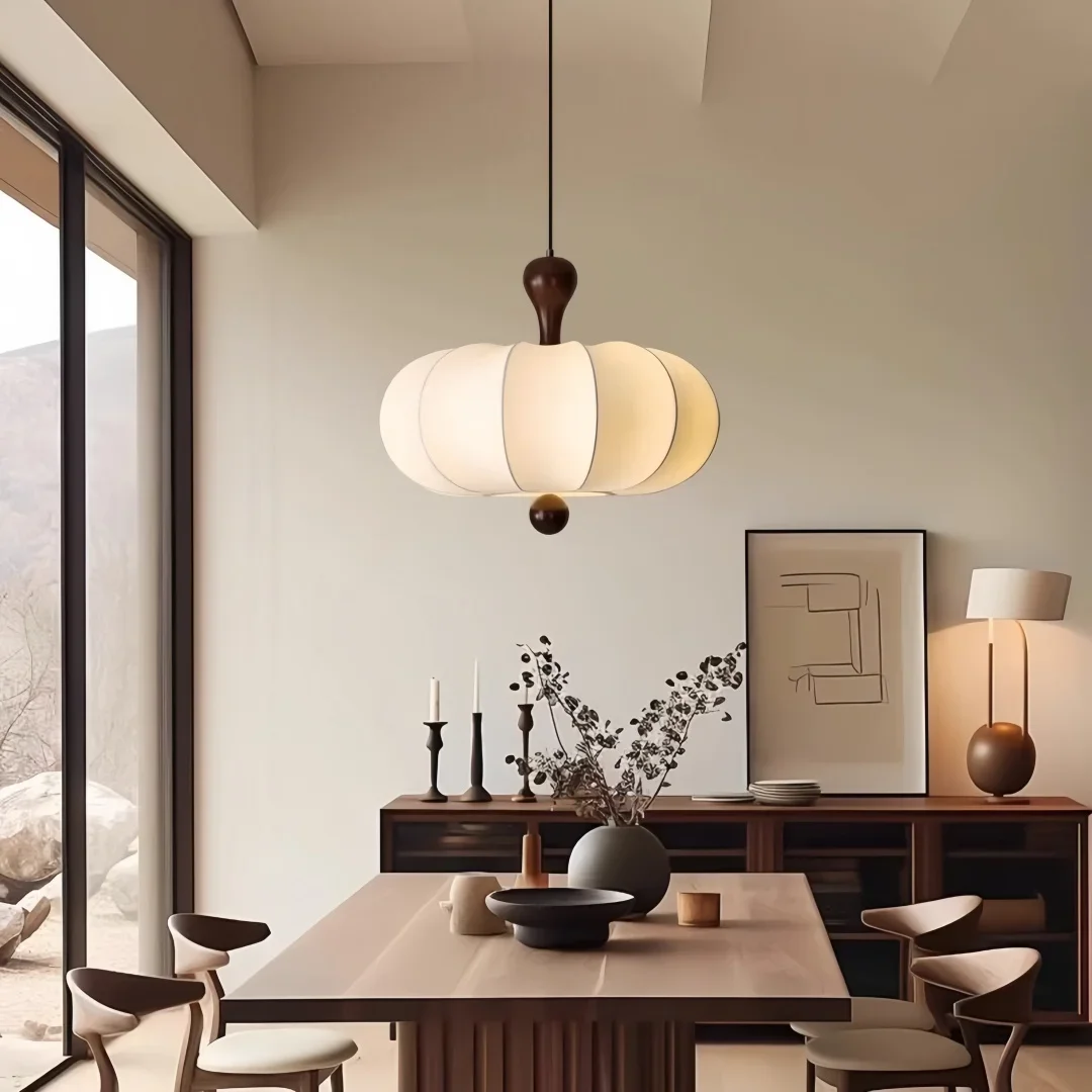 TechHPVintage Style Pumpkin Shaped Pendant Light - Fabric Hanging Light With Wood Detail For Bedroom & Dining Area E27