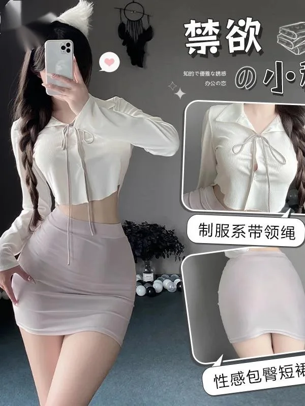 Sexy Solid Color Turn-down Collar Lace Up Tight Fitting Hip Wrapped Short Skirt Two Piece Set Secretary Female White-collar A2IJ