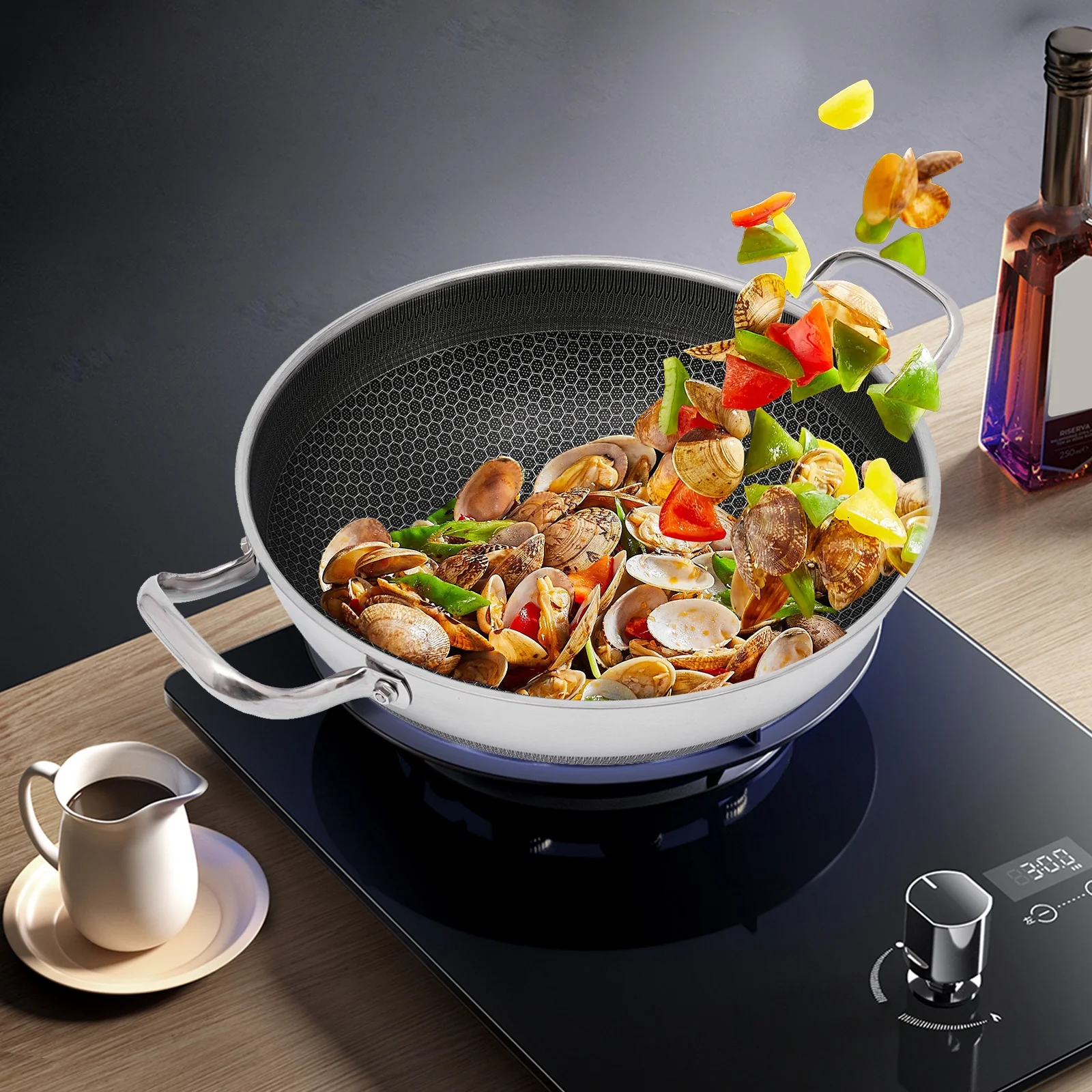 PFAS PFOA Lead Cadmium Free 316 Stainless Steel Nonstick Skillet Honeycomb Non-Stick Texture Even Heating Easy Rinse Clean 12.59In Lightweight Dual Handle Visible Glass Lid For Induction Gas Ceramic Household Cooking Pan