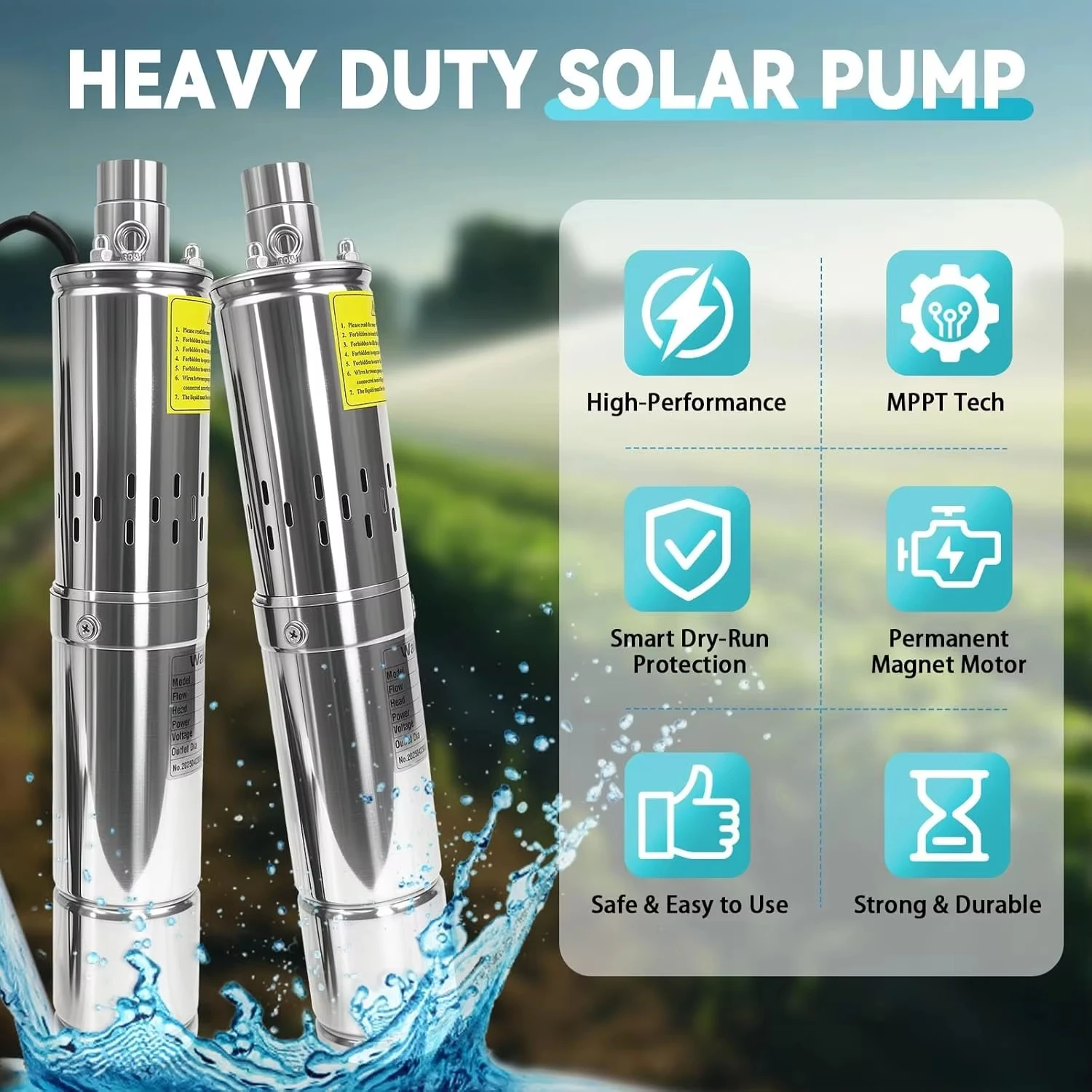 Off Grid Solar Powered Submersible Water Pump Built-in MPPT Regulator Stainless Steel Deep Well Pump for Agriculture Livestock W