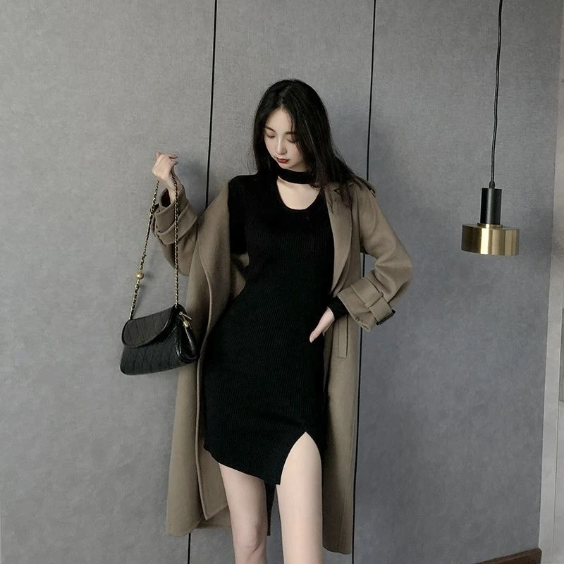 Autumn Winter Chic Refined High Waisted Knitted Midi Dress Fitted Hip Hugging Socialite Style