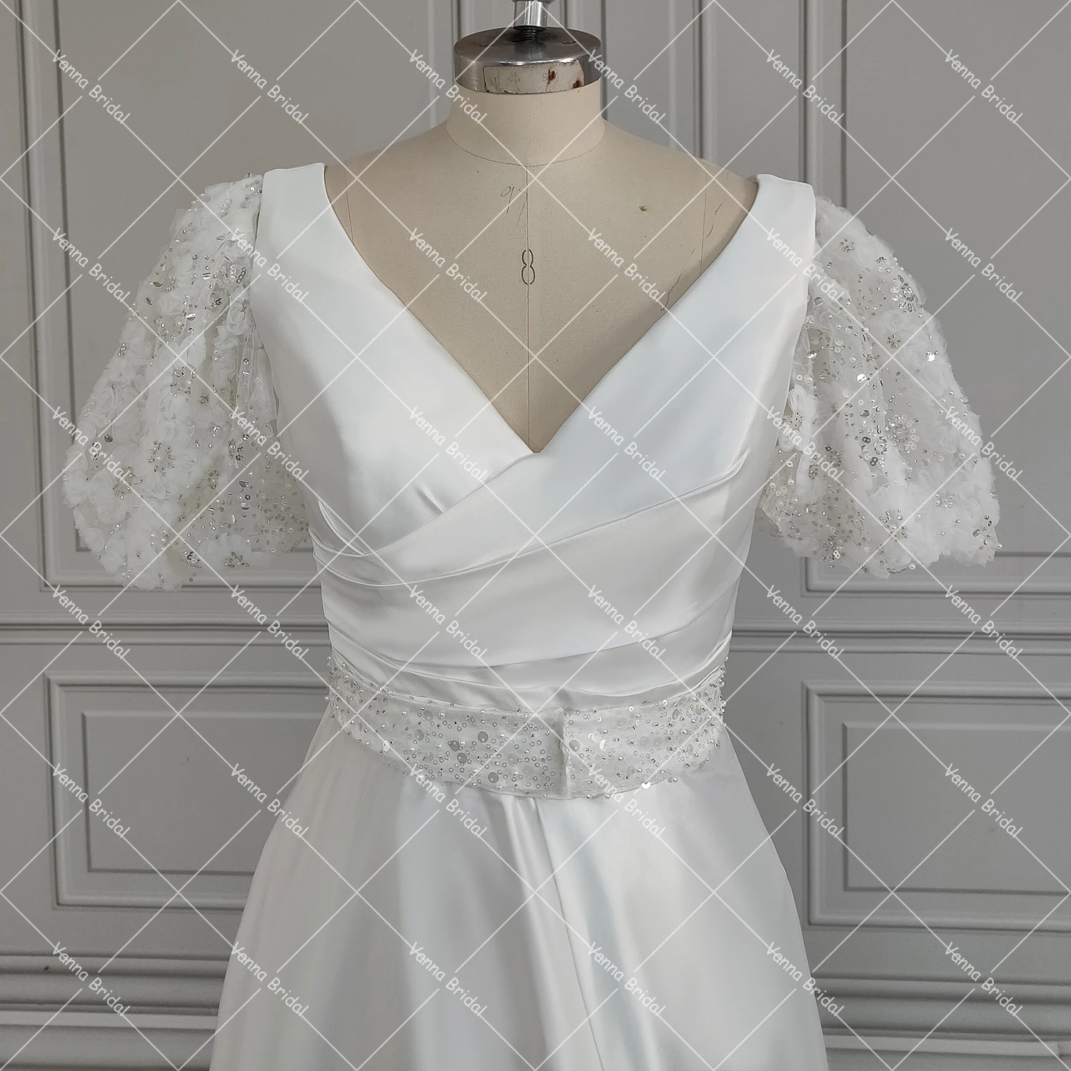 Robe de Mariée de Luxe à Perles Personnalisées, Manches Courtes Bouffantes, Corset Surplis, Col en V, Photo Réelle, Fente Haute, Poignées, Nministériels d Amovible, pour Patients