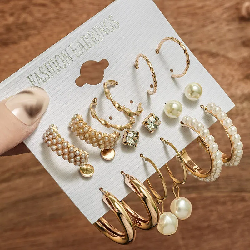

European and American new inlaid pearl women's earrings, creative French retro gold earrings set 9-piece set