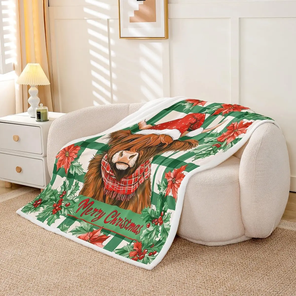 Christmas Fleece Blanket Plaid Xmas Highland Cow Sherpa Blanket Queen Merry Rustic Farm Animals Fuzzy Plush Throw for Kids Boys