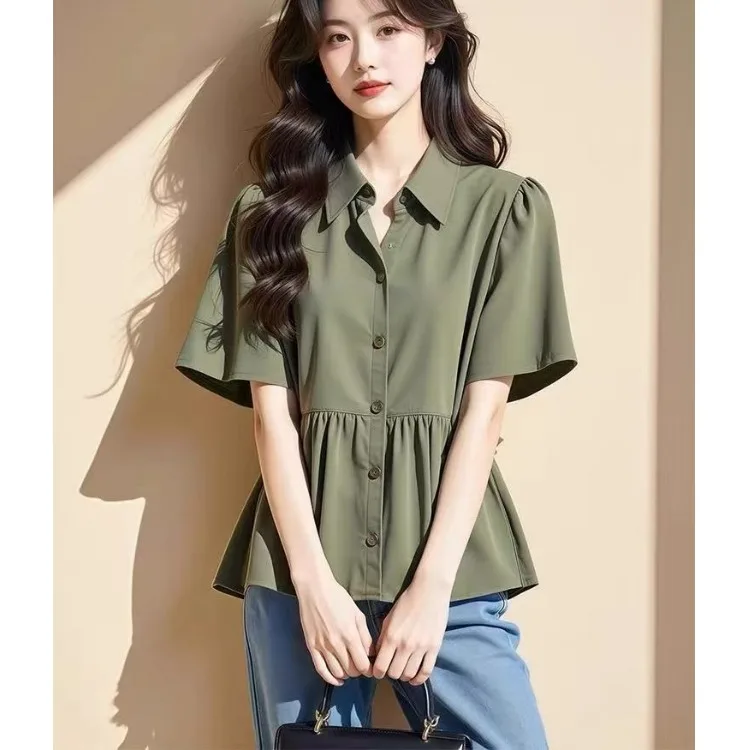 Militaryenn Bubble Sve irt المرأة Sle سليم صالح الصيف وصول جديد ارتفاع الخصر التخسيس الياقة العليا ort Sve #2