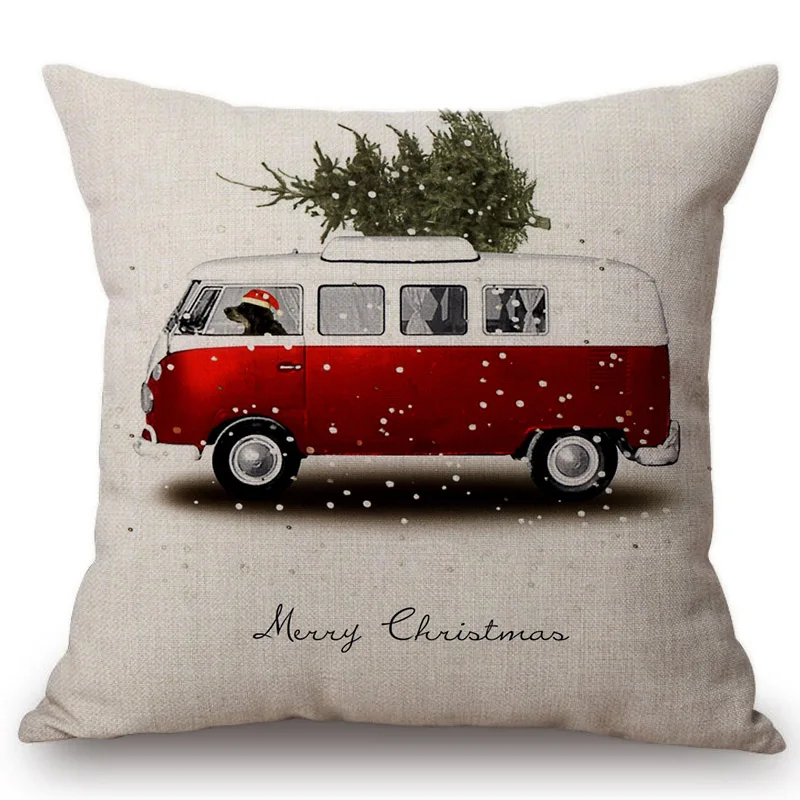 Aquarel Auto Kerstboom Print Kussenhoes Rode Vintage Winter Sneeuw Auto Decoratieve Sofa Stoel Sierkussen Cover