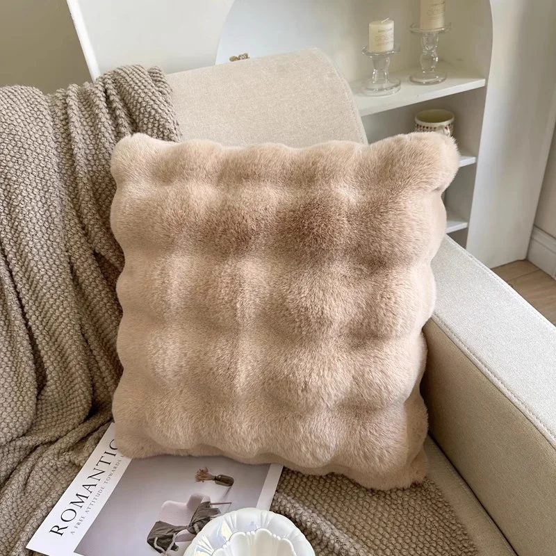 Cojín nórdico para asiento de sofá, funda de cojín de felpa de piel sintética de conejo para sala de estar, dormitorio, decoración del hogar, almohada suave para la espalda de la cintura