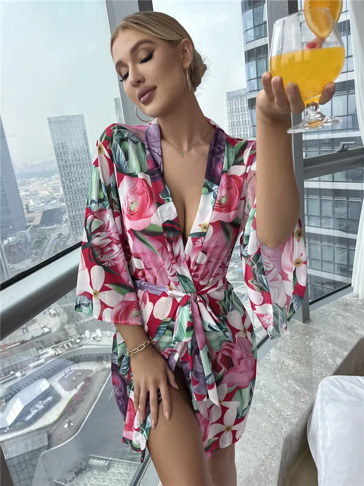 Floral Print Trumpet Sleeve Self Tie Night Robe Vacation Bathrobe Mesh Soft Sleepwear Short Kimono