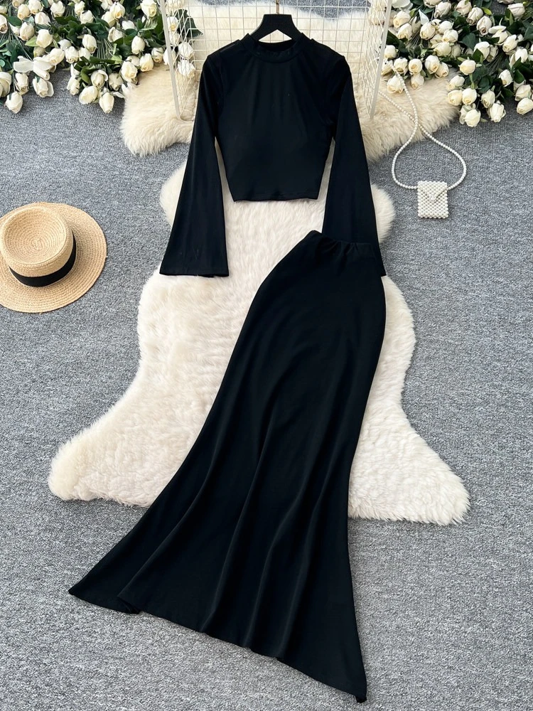 

Commuting style black two-piece set women spring slim fit round neck long sleeved top high waisted long skirt high-end set