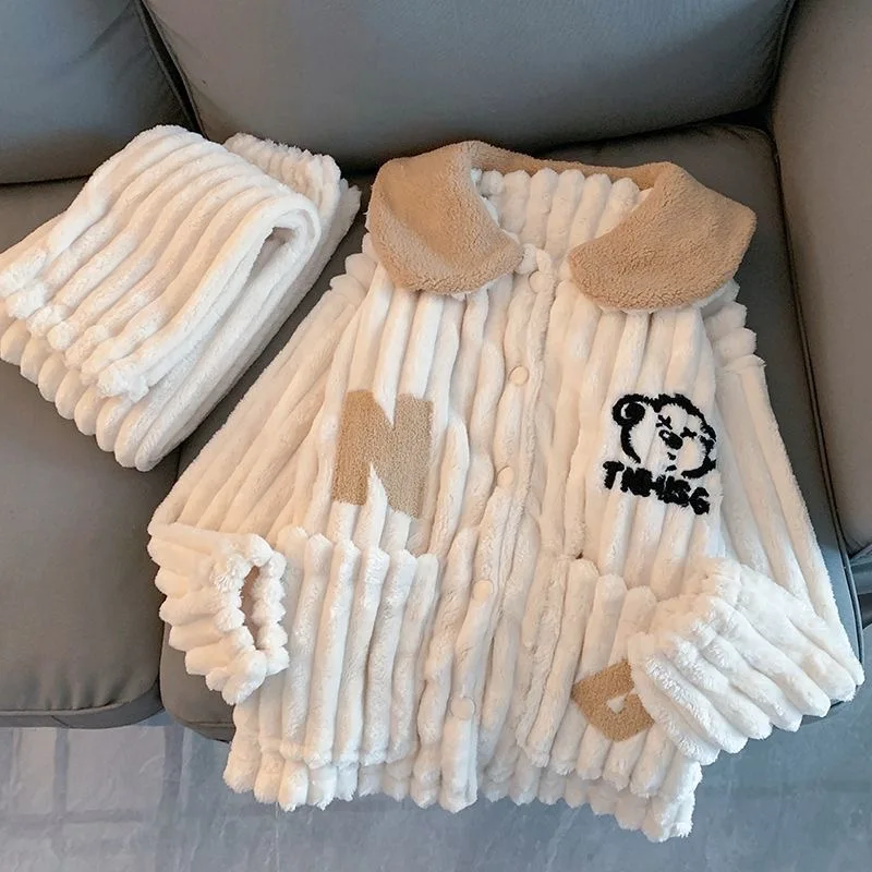 

Plush Bear Flannel Pajama Sets Women Doll Collar Pocket Sleepwear 2025 Warm Fluffy Christmas PJS Homewear Y2K Kawaii Nightwear