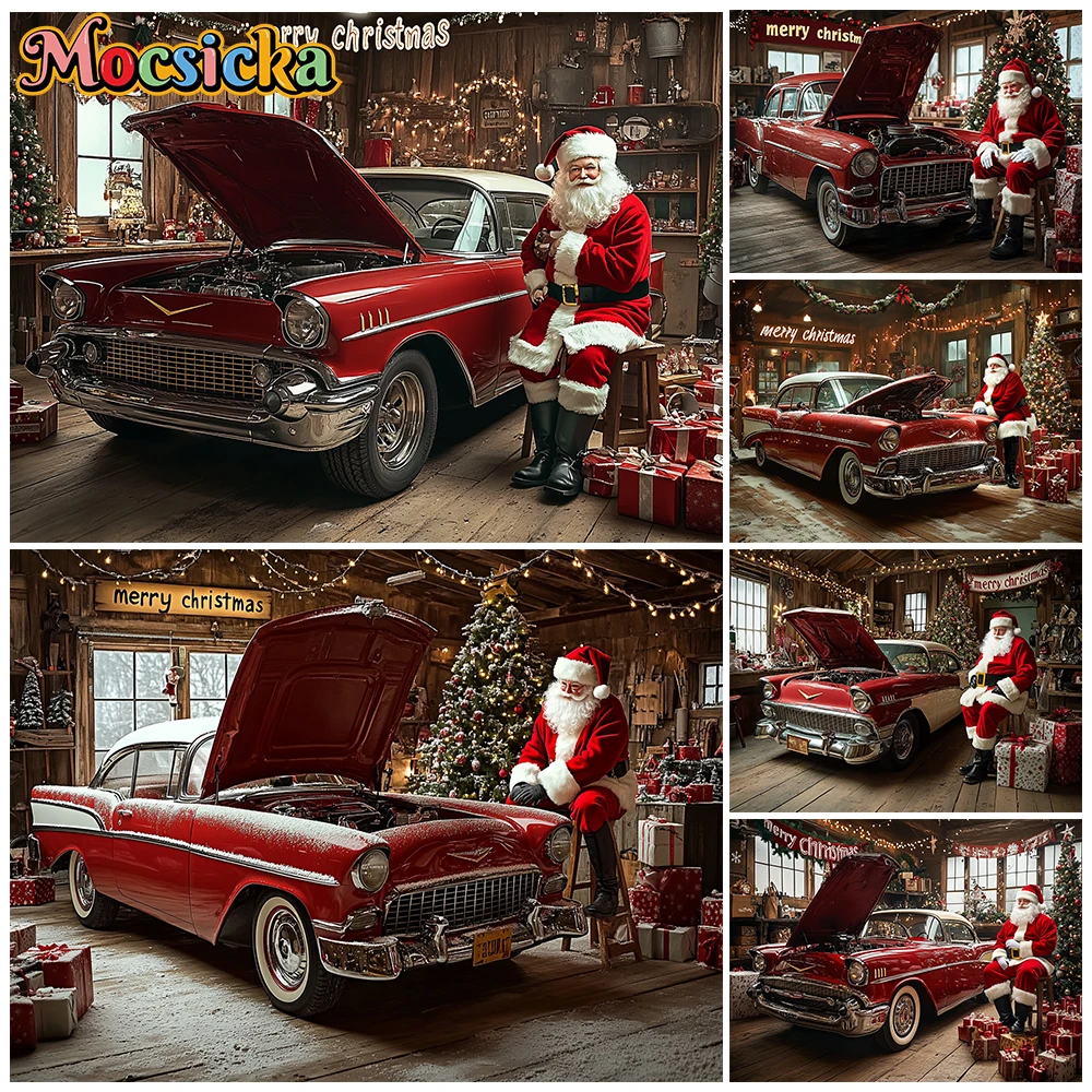 Mocsicka Red Classic Car Garage Photo Backdrop Merry Christmas Santa Claus Xmas Tree Photography Background Kids Studio Banner