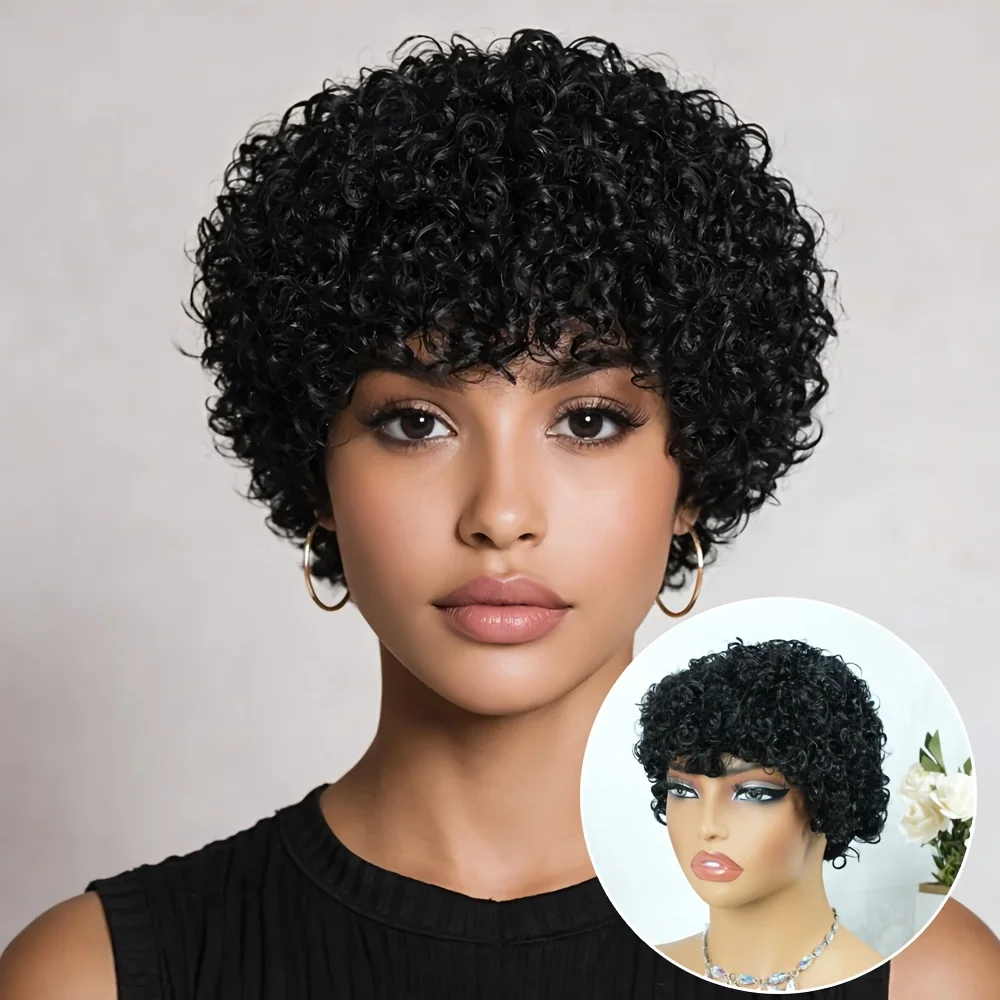 Women's Pixie Cut Human Hair Wig with Bangs Suitable for Daily Wear & Special Events 150% Density Curly Wave Natural Curly