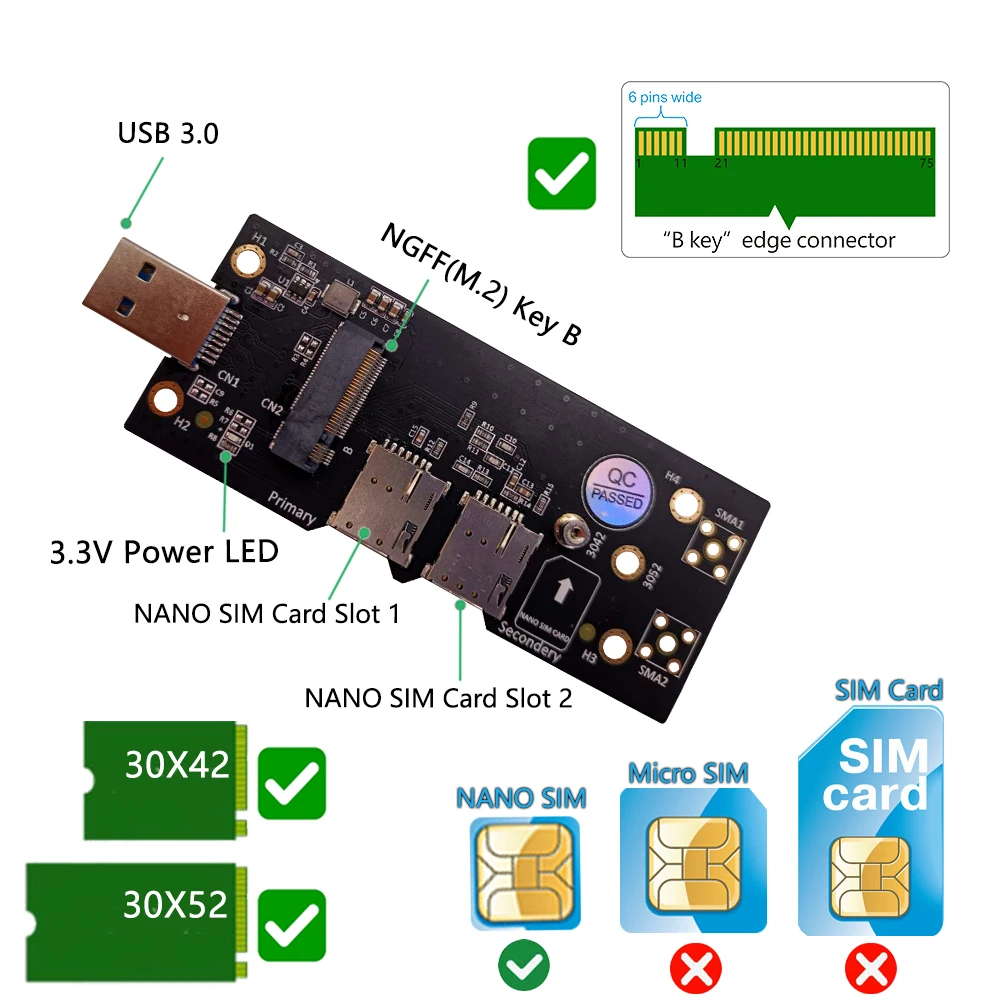 M.2 Dual NANO SIM Slot M2 to USB 3.0 Adapter Converter Card for LTE Wlan 3/4/5G