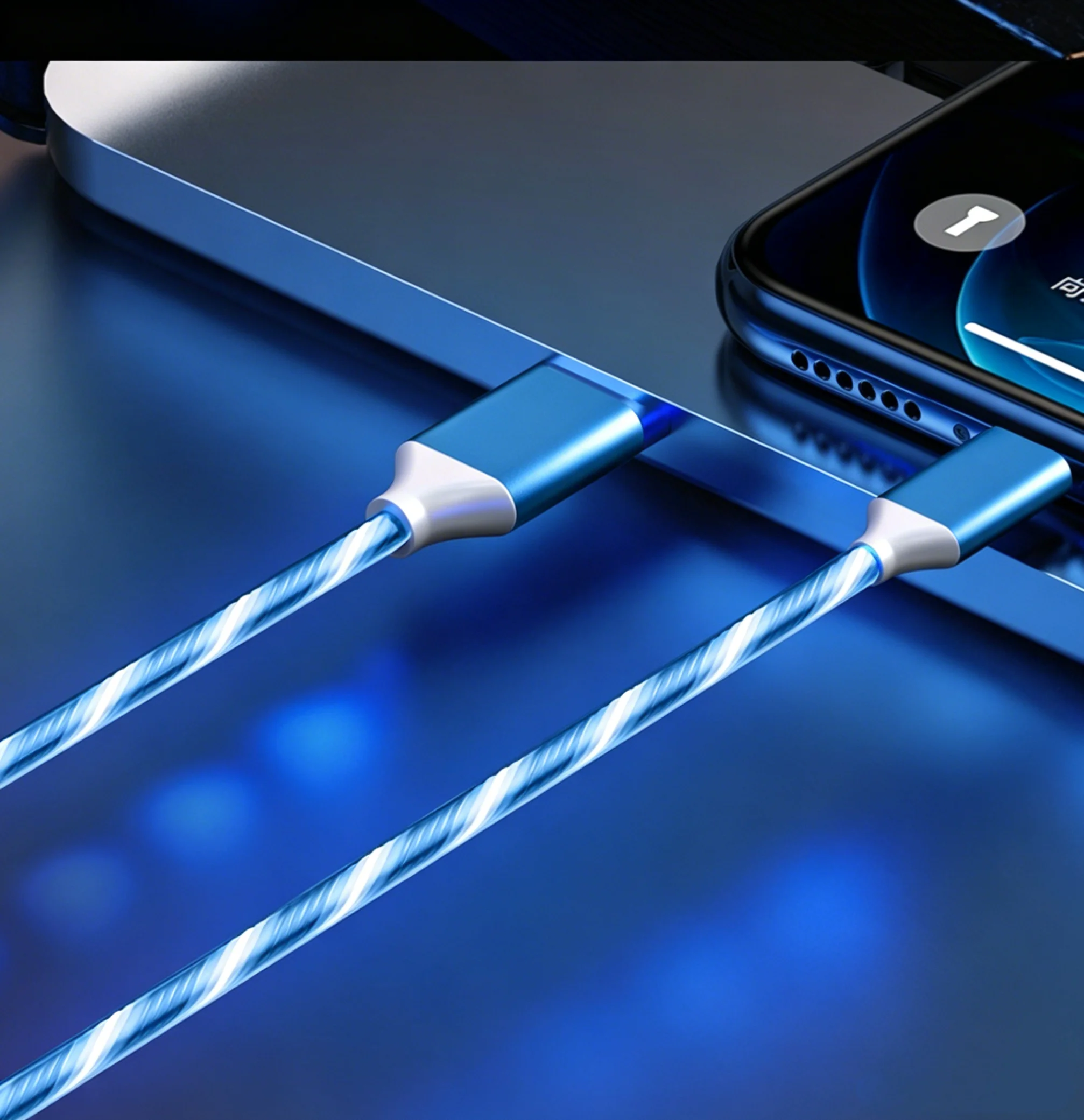 Glowing Flowing Streamer Light Type C Charging Wire Bend Resistant Luminous USB Data Sync Cord，Micro USB 0.3m Cable