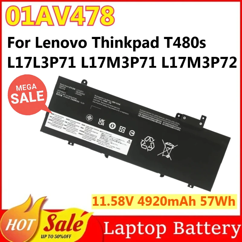 

01AV478 11.58V 4920mAh 57Wh Laptop Battery for Lenovo Thinkpad T480s L17L3P71 L17M3P71 L17M3P72 SB10K97620 SB10K97621