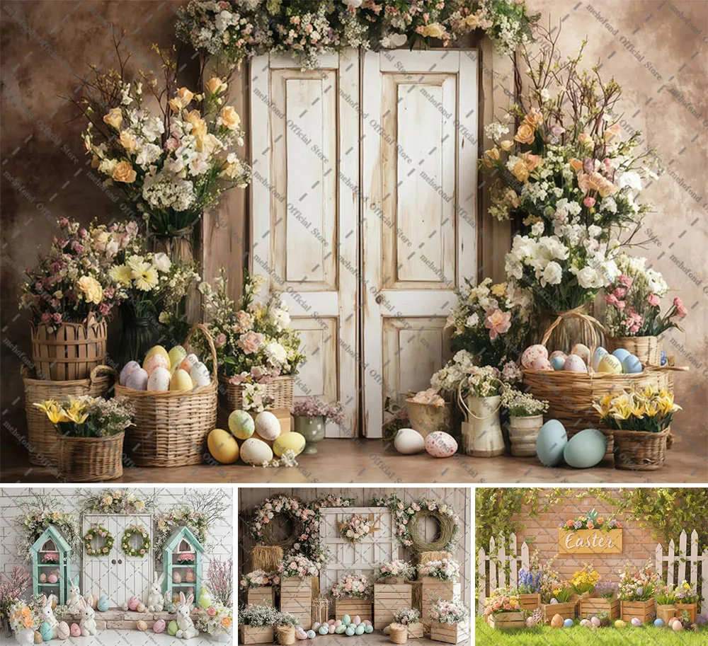 

Mehofond Photography Background Spring Easter Wooden Door Floral Bunny Eggs Kids Birthday Portrait Decor Backdrop Photo Studio