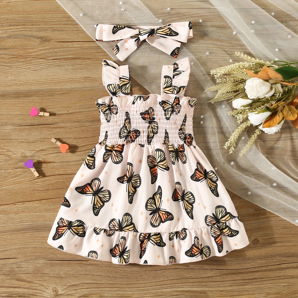 Summer Baby Girl Dress With Headband Butterfly Print Sleeveless Camisole Dress Sweet Daily Vacation Style Outfit Girls' Dress
