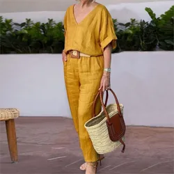 Pant Sets Cotton Linen Loose Women's Suit Short Sleeve V-Neck Top Long Pants Casual 2 Piece Set Female Fashion Ladies Clothes