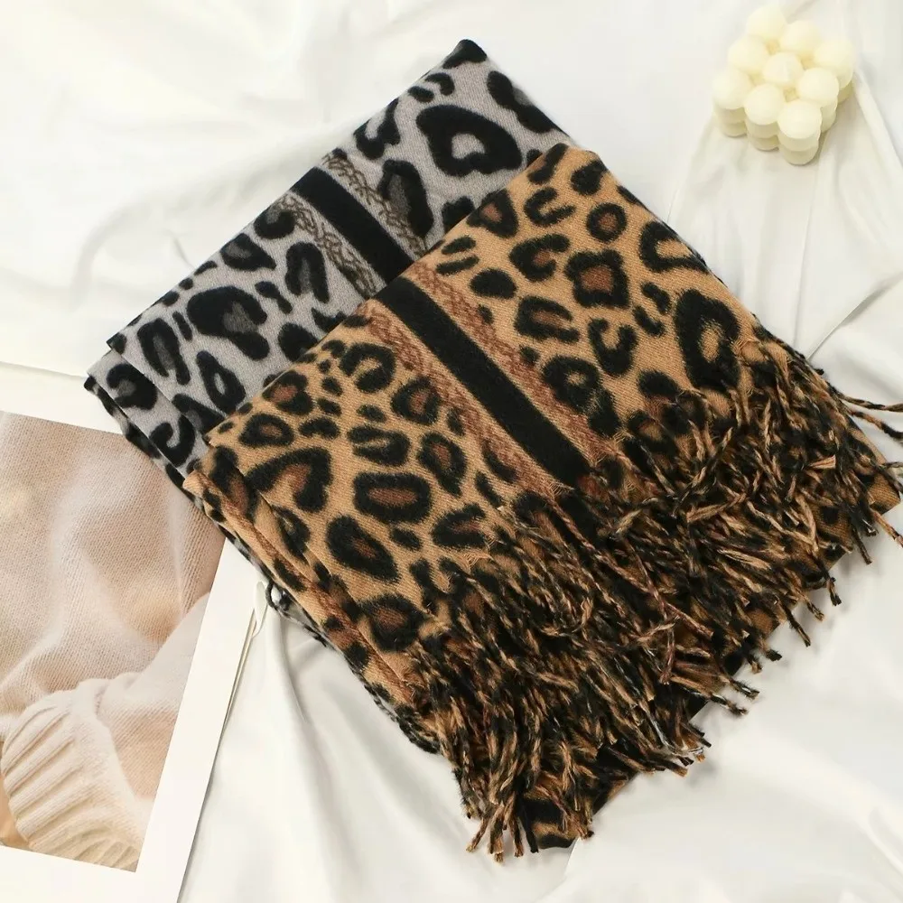 Leopard Print Imitate Pashmina Shawl Scarf Thick Fabric Long Length Cashmere Wrap Shawl Cashmere Blend Plaid Pattern